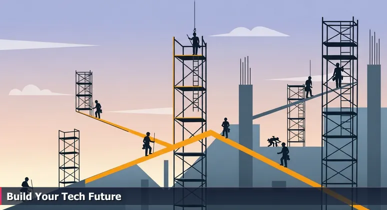 A construction site with intersecting steel scaffolds symbolizing multiple career paths in Killeen's tech industry for 2026.