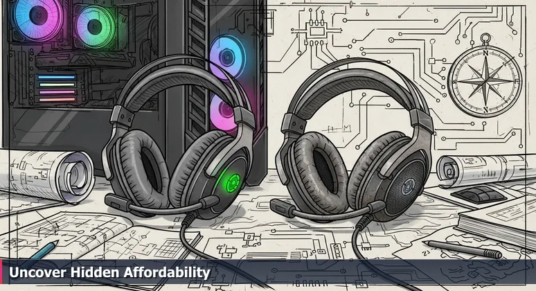 Close-up of two gaming headsets on a desk, one new with LEDs, one worn, with a sticky note reading '$99 vs. $299?' symbolizing cost vs. value in tech careers.