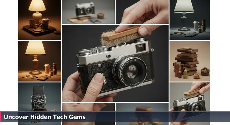 Close-up of weathered hands brushing dust off a vintage camera in a garage sale box, symbolizing discovering hidden tech training opportunities in Killeen.