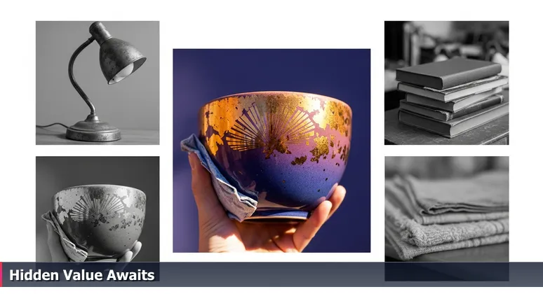 A hand at a Killeen garage sale wiping dust from a ceramic bowl to reveal a hidden gold pattern, symbolizing the discovery of AI job opportunities in overlooked local industries.