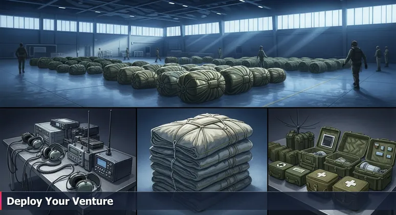 A dimly lit military hangar at dawn with gear organized in zones, symbolizing strategic workspace preparation for tech ventures in Killeen, TX.