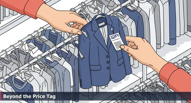 Hands sorting through a clearance rack, pulling out a perfectly tailored blazer with a torn 50% off sticker, representing hidden value in Killeen's tech job market for skills-first careers.