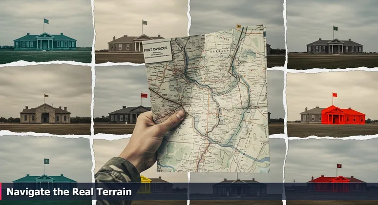 A soldier at Fort Cavazos holds a map while looking at distant unmarked buildings, symbolizing the search for real tech startup opportunities in Killeen beyond standard job boards.