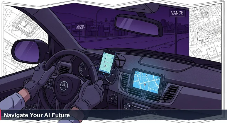 A driver's hands on a steering wheel with a GPS screen showing a map of Tuscaloosa, highlighting AI career paths and local landmarks like Denny Chimes for 2026