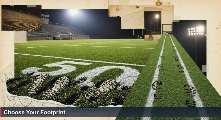 A nighttime football field in Tuscaloosa with cleat marks from the home team and running shoe prints leading off the turf, symbolizing tech career decisions.
