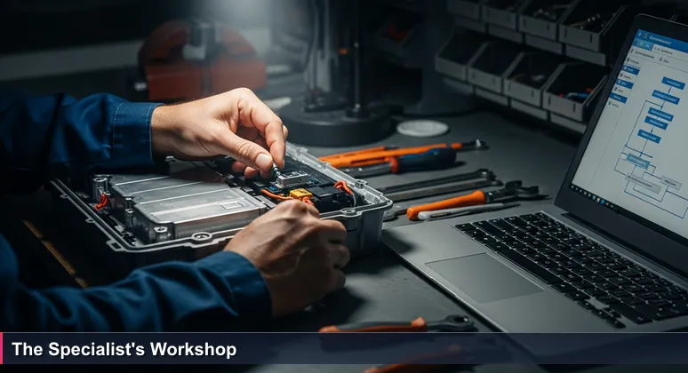 Close-up of skilled hands calibrating an electric vehicle battery sensor in a workshop, with a laptop displaying diagnostic software on the bench.