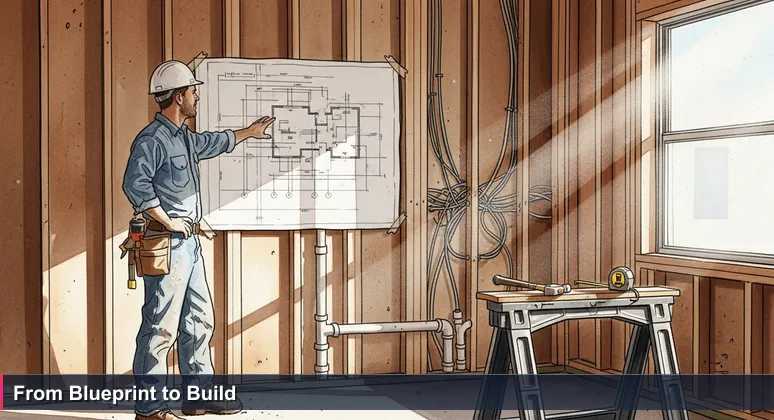 A contractor in Tuscaloosa pointing at an AI career blueprint taped to an unfinished house frame, with sunlight and visible pipes, symbolizing the practical build process for AI engineering.