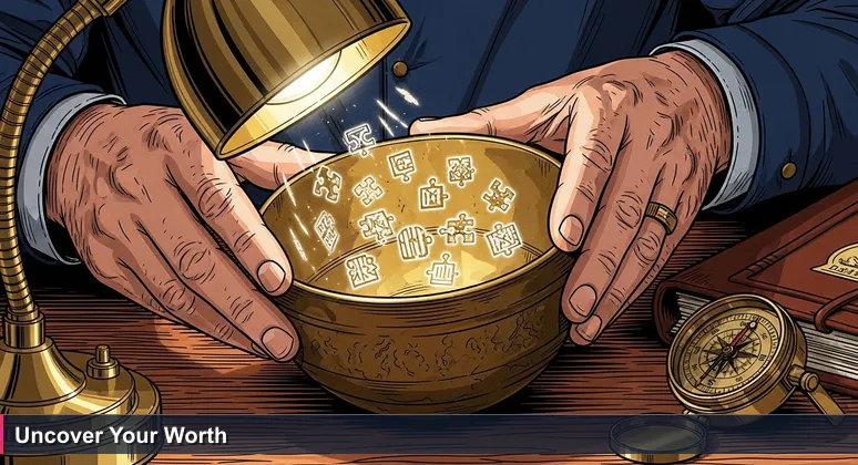 Close-up of an antique dealer's hands appraising a tarnished brass bowl under a lamp, revealing intricate hallmarks, symbolizing the hidden value in AI careers in Tuscaloosa, Alabama.