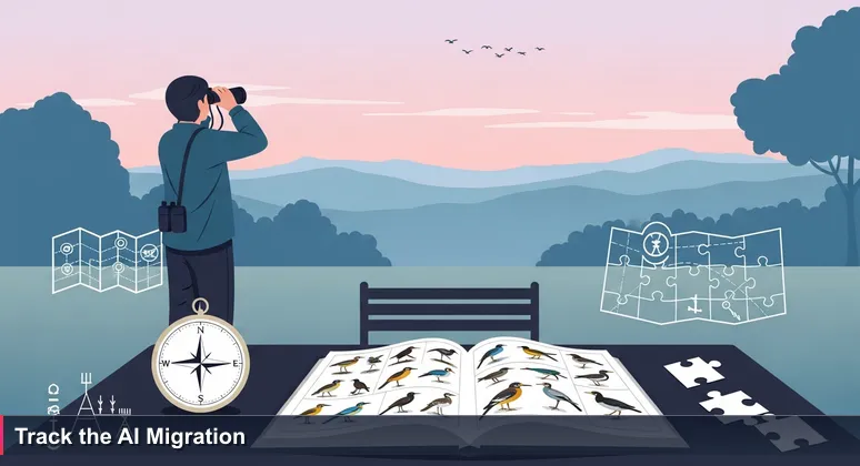 A person in Tuscaloosa at dawn using binoculars to observe distant migrating birds, with an open field guide on a patio table.