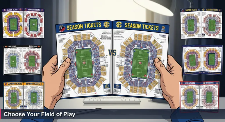A close-up of hands comparing two college football season ticket booklets with detailed seating charts, symbolizing the analysis of AI career options in Tuscaloosa's 2026 job market.