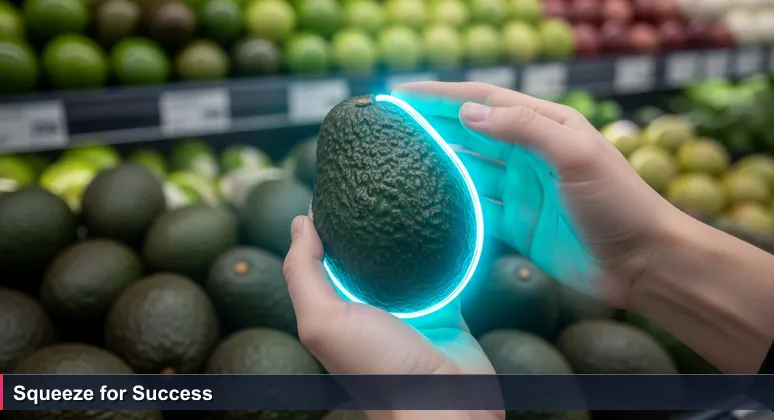 Hands testing an avocado's ripeness in a grocery store, symbolizing the selection of tech careers in Tuscaloosa, Alabama.