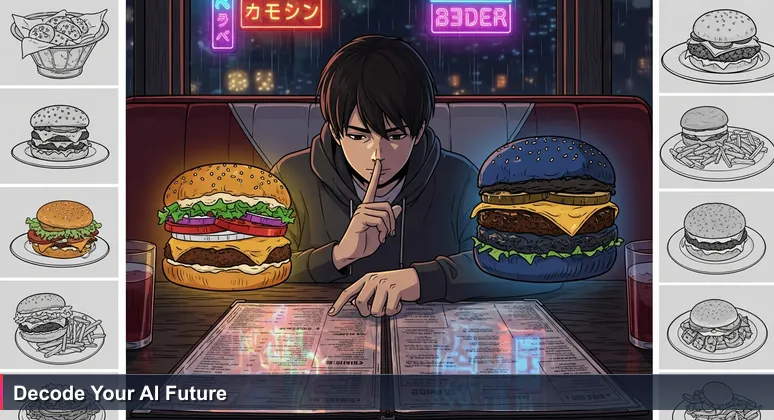 Visual metaphor of a diner patron in Tuscaloosa overwhelmed by a menu, representing the decision to choose an AI bootcamp.