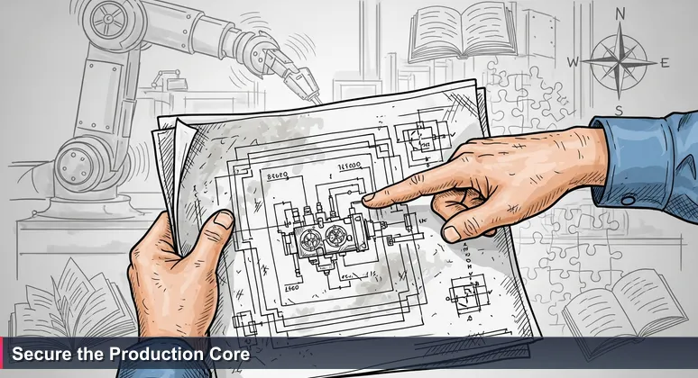 Close-up of hands holding a blueprint at Mercedes-Benz plant in Vance, AL, with a robotic arm in the background, symbolizing industrial cybersecurity in Tuscaloosa.