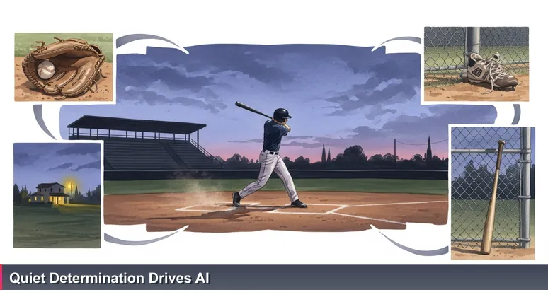 A solitary baseball player practicing swings in a dusty Tuscaloosa field at dusk, symbolizing the quiet determination of AI startups building the future.