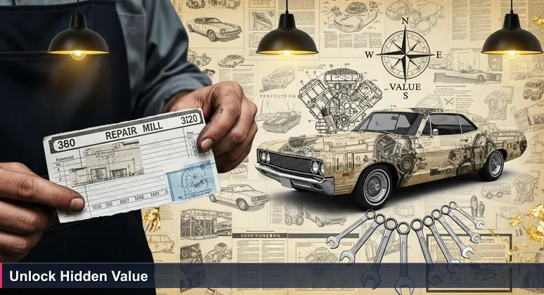 Close-up of a mechanic's hands with grease stains holding a repair bill, with a perfectly restored vintage car gleaming behind, representing the affordability of tech salaries in Tuscaloosa.