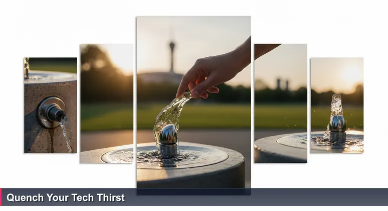 A public water fountain in Snow Hinton Park, Tuscaloosa, with a hand turning the knob and water flowing, symbolizing accessible free tech training resources.