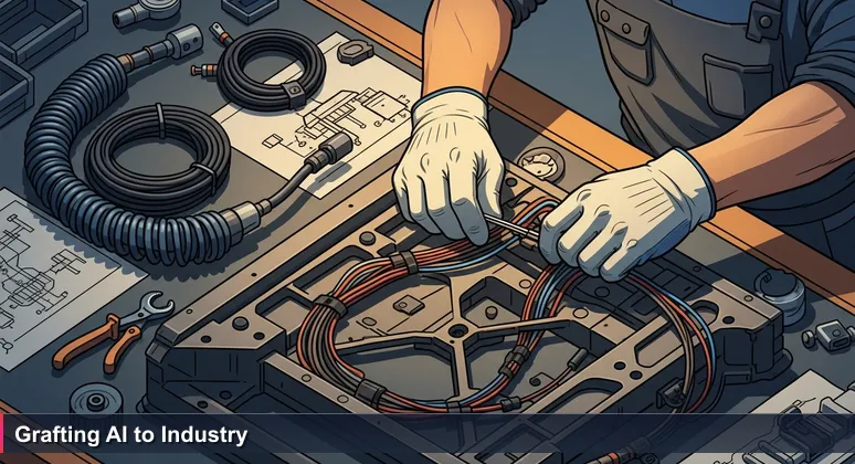 Close-up of worker's hands assembling a wire harness on a Mercedes production line in Vance, Alabama, highlighting physical AI integration.