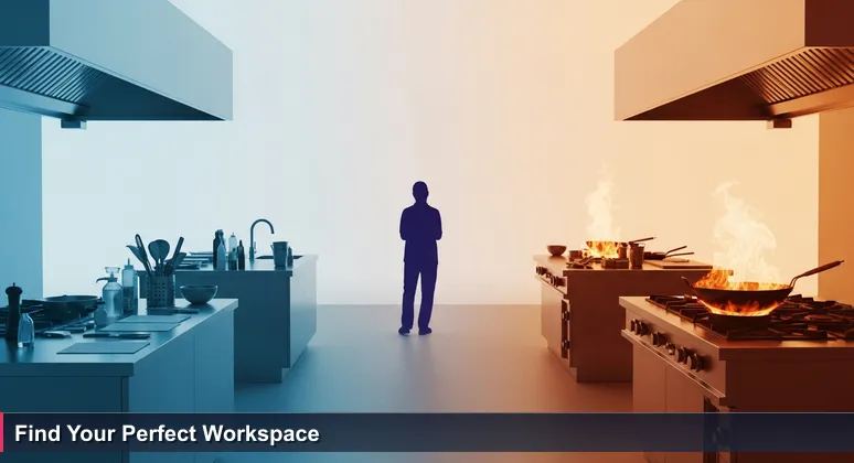 A person in an empty commercial kitchen with three workstations: a test kitchen for mentoring, a wok station for rapid work, and a sunlit nook for focused coding, representing Tuscaloosa's tech spaces.