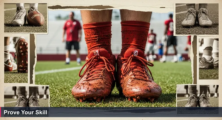 Close-up of football cleats caked in red Alabama clay on a green practice field in Tuscaloosa, symbolizing entry into tech careers through hands-on skill and determination, with a blurred coach in the background.