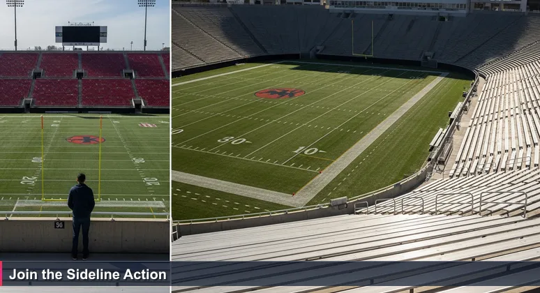 A person in Bryant-Denny Stadium choosing between distant seats and the close student section, symbolizing the choice between corporate and startup tech jobs for junior developers in Tuscaloosa.