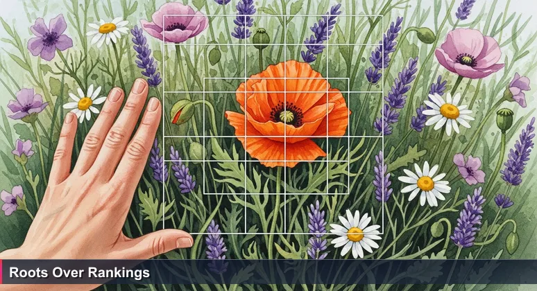 A hand places a transparent grid over wildflowers, symbolizing the structured yet organic network of women in tech groups in Tuscaloosa, Alabama.