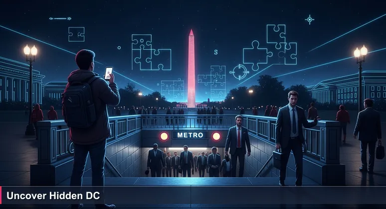 Tourist on Washington DC's National Mall overlooking a Metro entrance, symbolizing hidden AI job opportunities in the city's professional underground networks.