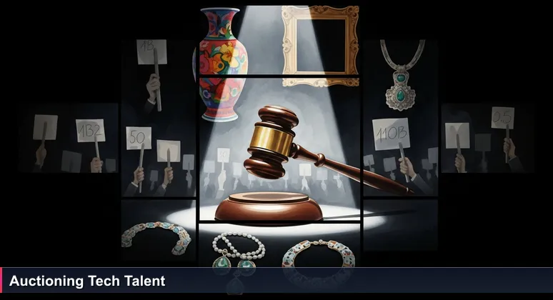 Auction scene with a gavel poised to strike, symbolizing high-stakes tech salary negotiations in Washington DC.