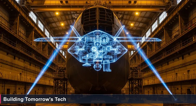 An industrial naval dry dock with a holographic blueprint of a stealth drone submarine projected on a ship hull, representing D.C.'s blend of legacy and innovation in tech careers.