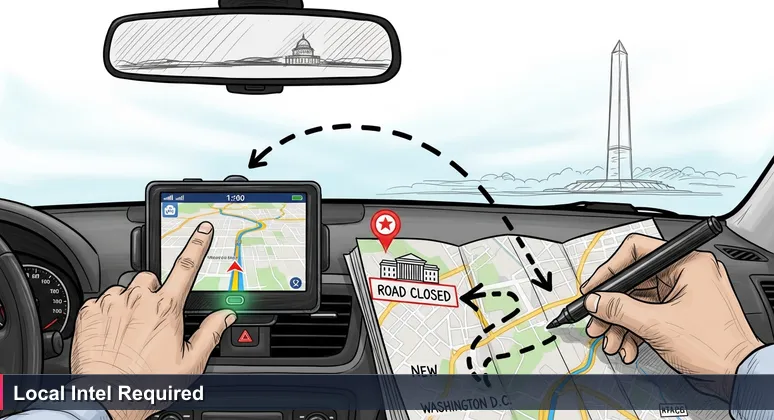 A driver's hand taps a smartphone GPS on a dashboard, showing a Washington, D.C. map with a red roadblock icon near a government building and the Washington Monument in the rearview mirror.
