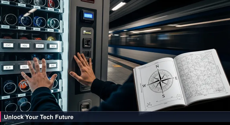 Hands hesitating over a complex vending machine in a Washington DC Metro station, with buttons labeled for funding programs like WIOA, DCTAG, Pell, and ISA, symbolizing the challenge of paying for tech training.