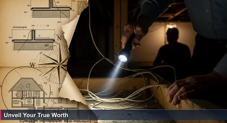 Home appraiser examining basement foundation with flashlight, symbolizing hidden value in AI salary packages for Washington, DC professionals.