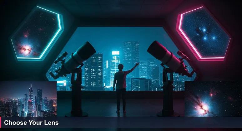 A person hesitates between two telescopes, one pointing at a glittering city skyline and the other at a starry cosmos, symbolizing career choices for AI engineers in Washington, DC.