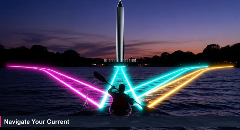 A kayaker at the confluence of the Potomac and Anacostia rivers in Washington, D.C., with the Washington Monument in the background at dusk.