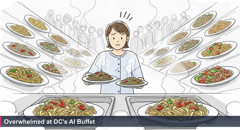 An overwhelmed person in a crowded Washington DC buffet line, choosing between AI bootcamp options symbolized as similar dishes, reflecting career indecision in tech.