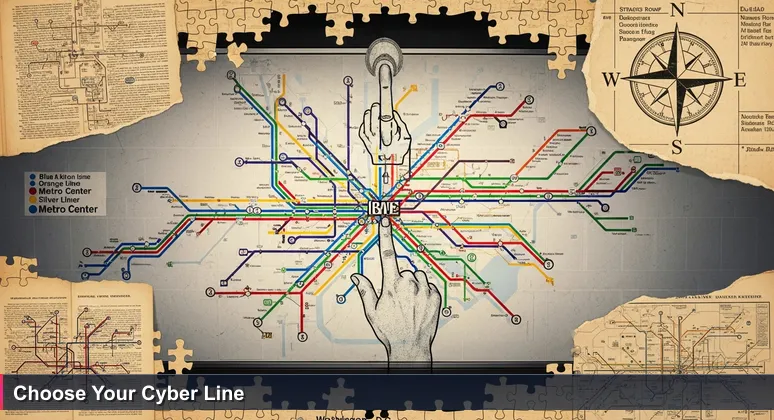 A close-up of the Washington D.C. Metro map with glowing blue, orange, and silver lines, a finger pointing at their intersection at Metro Center.