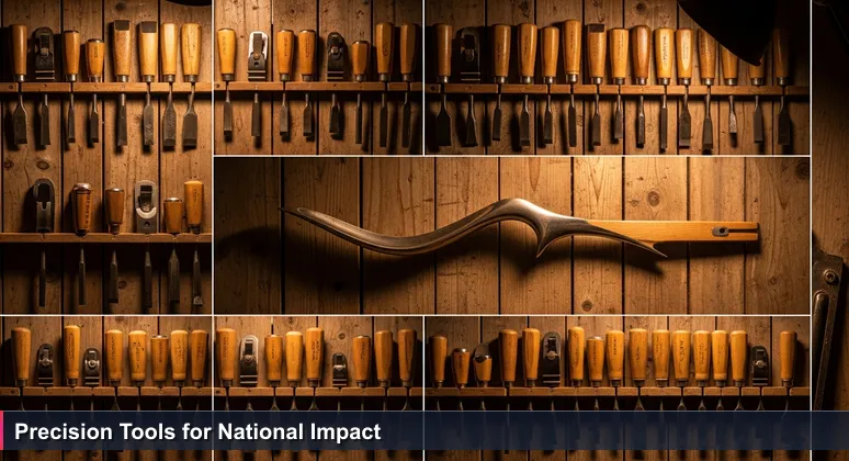 A close-up of a master carpenter's tool wall with specialized tools, symbolizing Washington D.C.'s precision AI startups tackling national problems.