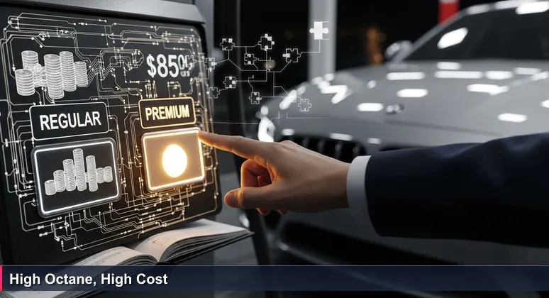 A hand hesitating at a gas pump between regular and premium fuel buttons, symbolizing the choice between high-cost living and tech income in Washington D.C.