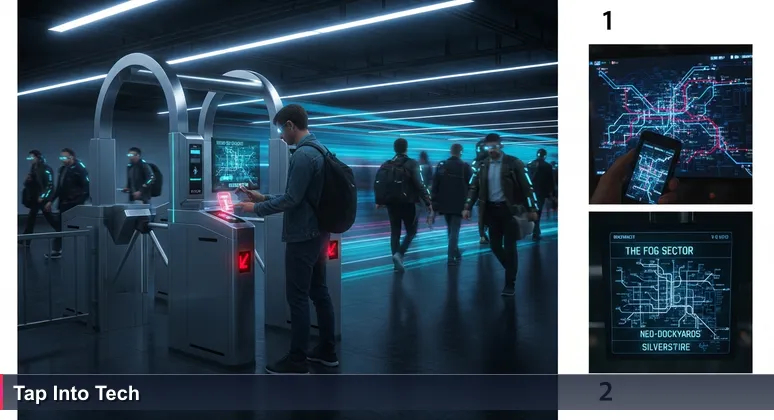 A person standing anxiously at a Washington D.C. Metro turnstile, holding a SmarTrip card and smartphone, with a digital sign displaying tech destinations like 'AI Startup' and 'GovTech'.