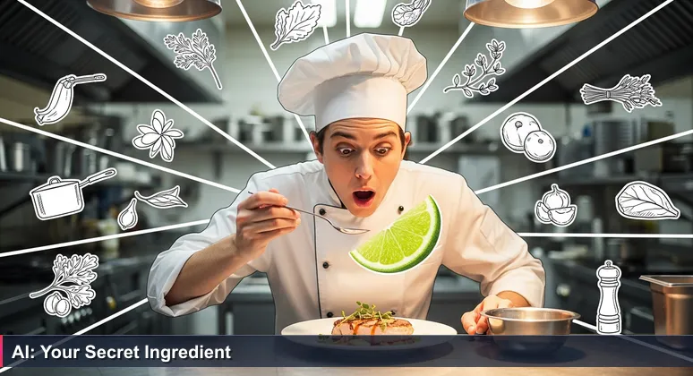 A chef in a Washington D.C. kitchen tasting a dish with a spoon, symbolizing the discovery of AI as the key ingredient in local industries.