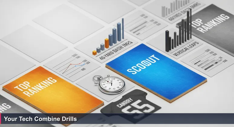 Close-up of a worn NFL scout's notebook with handwritten combine drills, tech certifications, and a stopwatch, symbolizing skills-based hiring in Washington, DC tech.