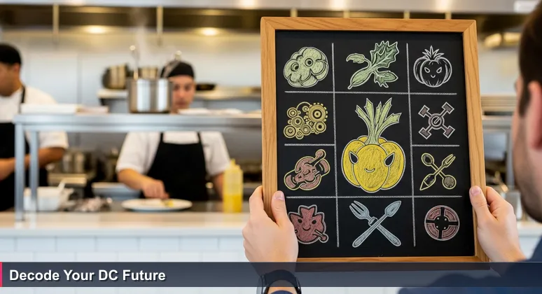Close-up of hands holding a chalkboard menu with tech buzzwords in a Washington, D.C. restaurant, symbolizing startup job hunting with a bustling kitchen in the background.