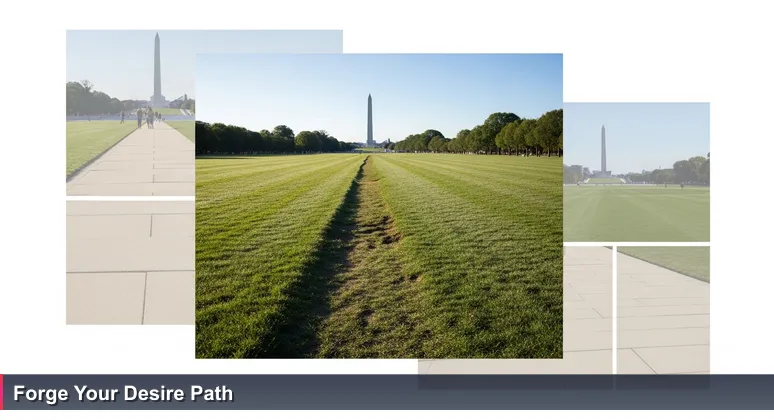 A worn grassy desire path on the National Mall in Washington D.C., cutting across a manicured lawn towards the Washington Monument, symbolizing unofficial career routes for women in technology.