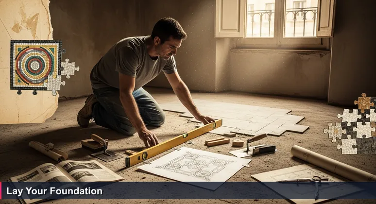 A master tile layer in Madrid meticulously preparing a subfloor with tools, symbolizing the foundational work needed for an AI career in Spain