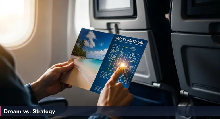 Close-up of hands holding a Spanish travel brochure and a safety exit map, symbolizing the balance between lifestyle dreams and practical career planning for tech professionals.