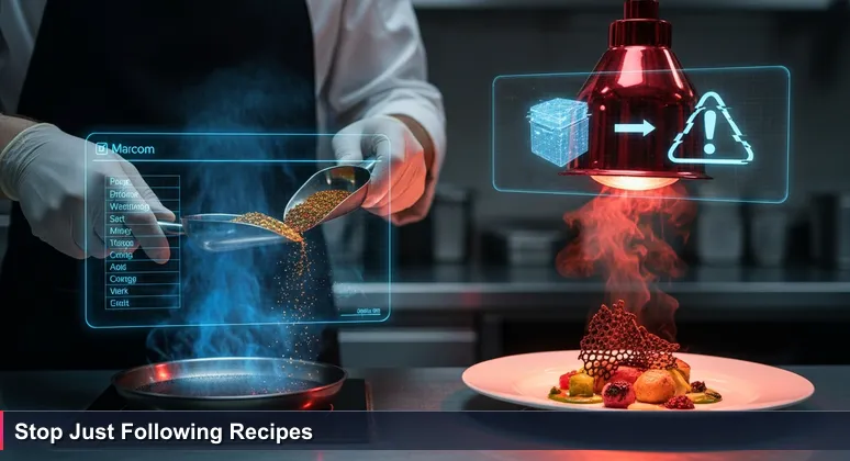 Close-up of hands measuring spices for a recipe, with a burnt dish in the background, symbolizing the gap between following steps and achieving success in AI engineering.