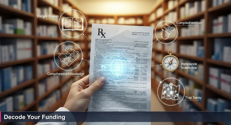 A hand holding a medical prescription in a pharmacy, symbolizing the journey to access funding for tech training in Spain in 2026.