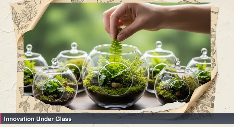 A hand sealing a glass terrarium with vibrant plants, symbolizing the curated selection of Spain's AI startup ecosystem for 2026.