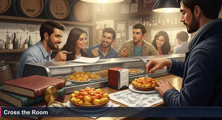 A person standing at the edge of a vibrant Spanish tapas bar in Madrid, looking towards a group engaged in animated conversation about AI, with tech sketches on a napkin, symbolizing the networking challenge
