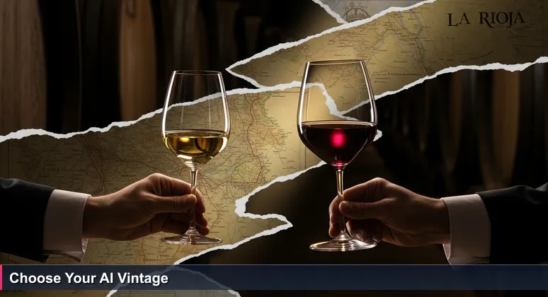 Sommelier's hands in a La Rioja bodega holding two wine glasses against oak barrels, symbolizing the choice between AI career paths in Spain