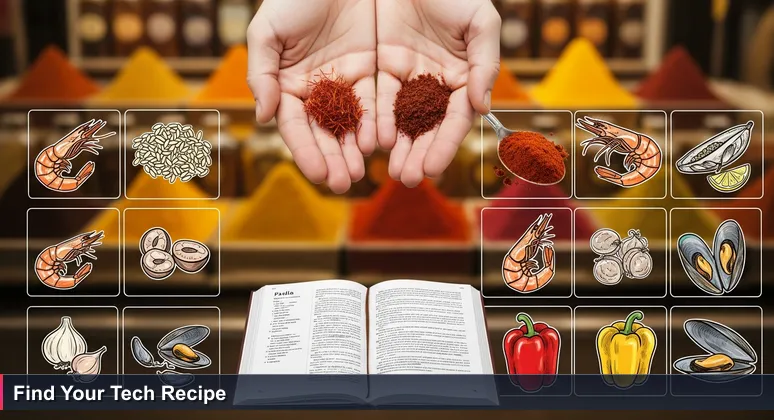 Close-up of hands holding a Spanish paella cookbook open to a recipe, with blurred mercado stalls featuring spices and tech gadgets in the background, symbolizing career choices.